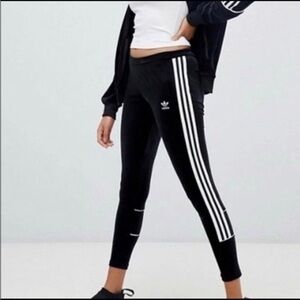 Adidas Women's Black Velvet Leggings with White Stripes